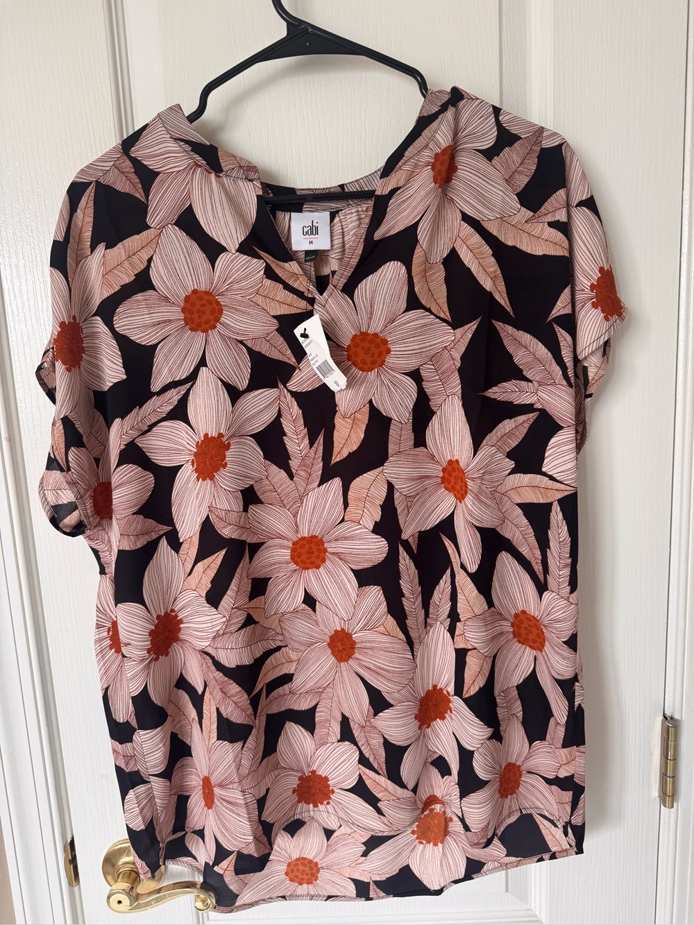 CAbi Black Floral V-Neck Short Sleeve Top - Blush Petals & Rust Centers